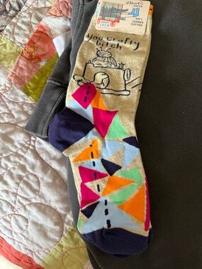 Crafty girl Crew Socks in Beige with Neon Geometric Accents